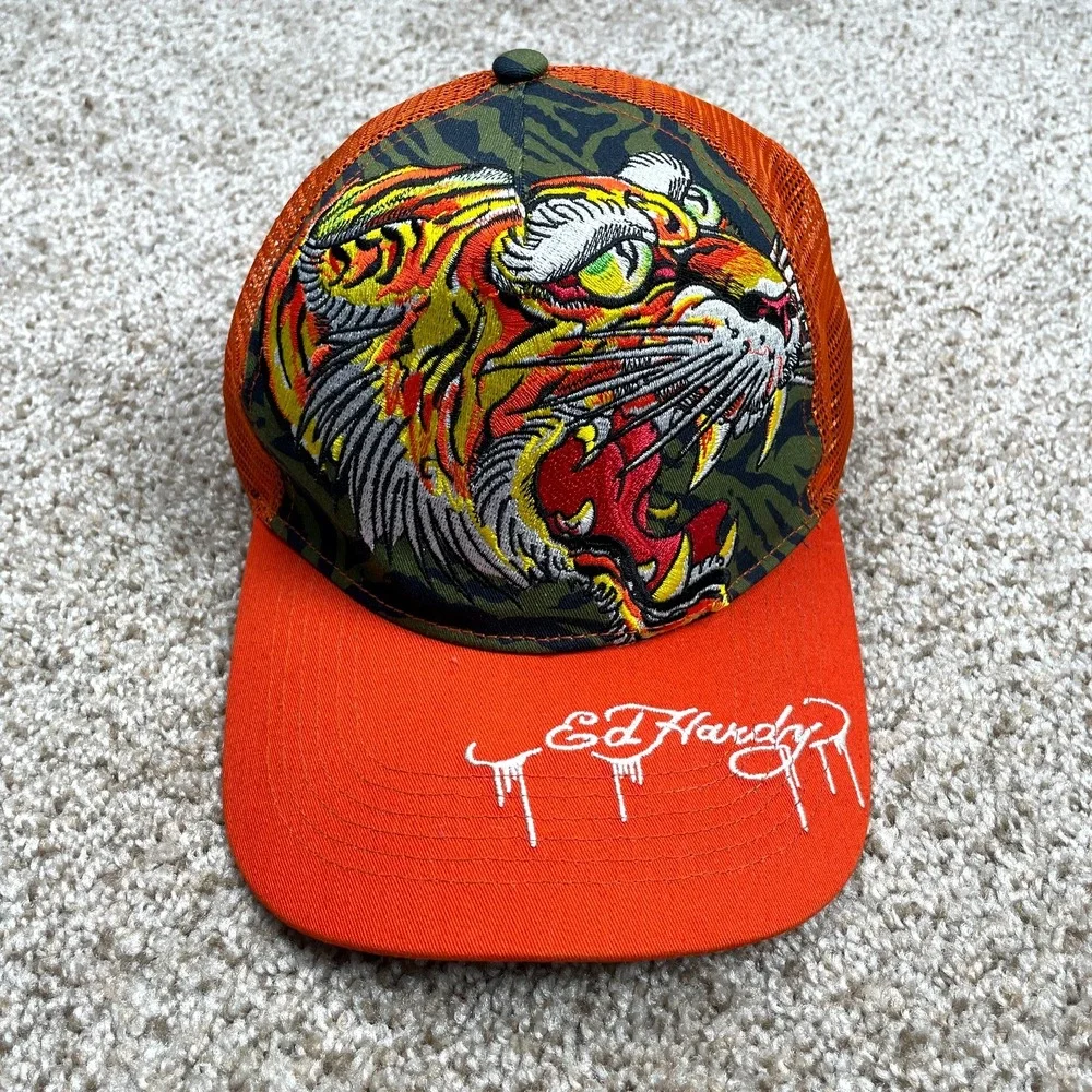 Ed Hardy Trucker Hat Embroidered Tiger Big Graphic Spellout Orange Snapback OS